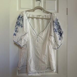 Max Studio White Blouse with Blue Floral Embroidery